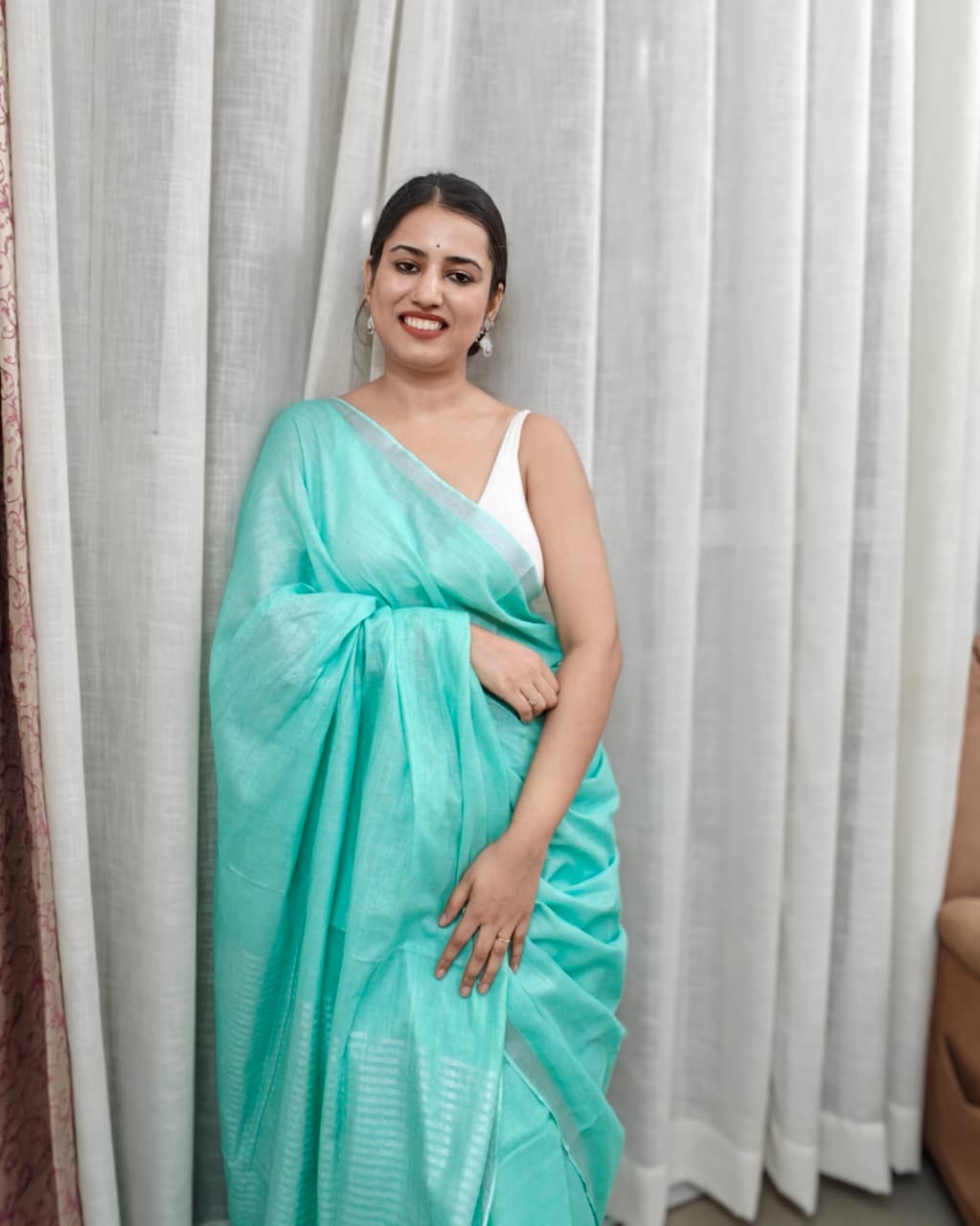 Sagarika| Mint Green & Silver Handloom Linen Saree