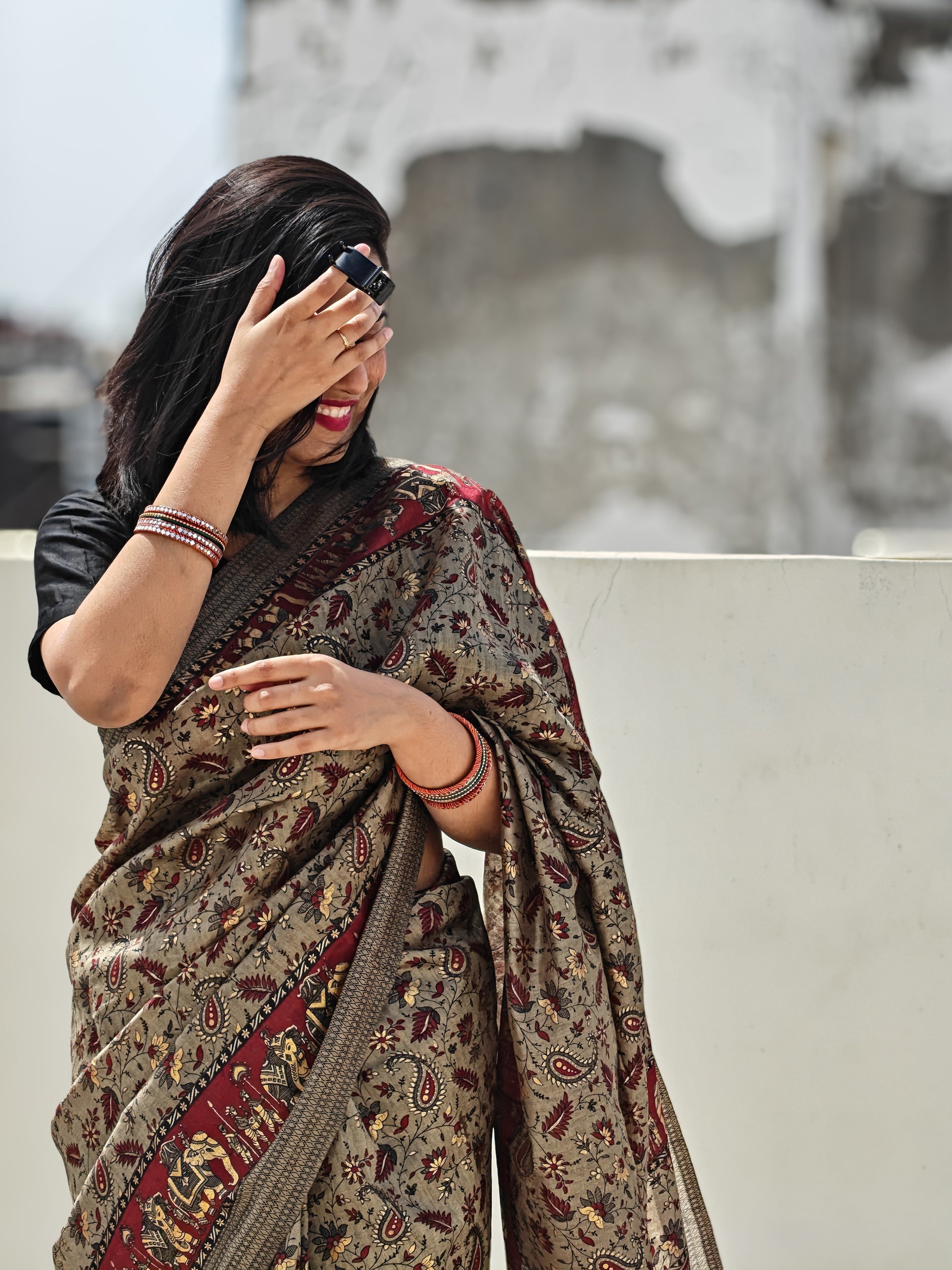 Nayantara red and black bamboo silk handloom saree with traditional Sanganeri block print, perfect for festive wear| Phulwari Bazaar