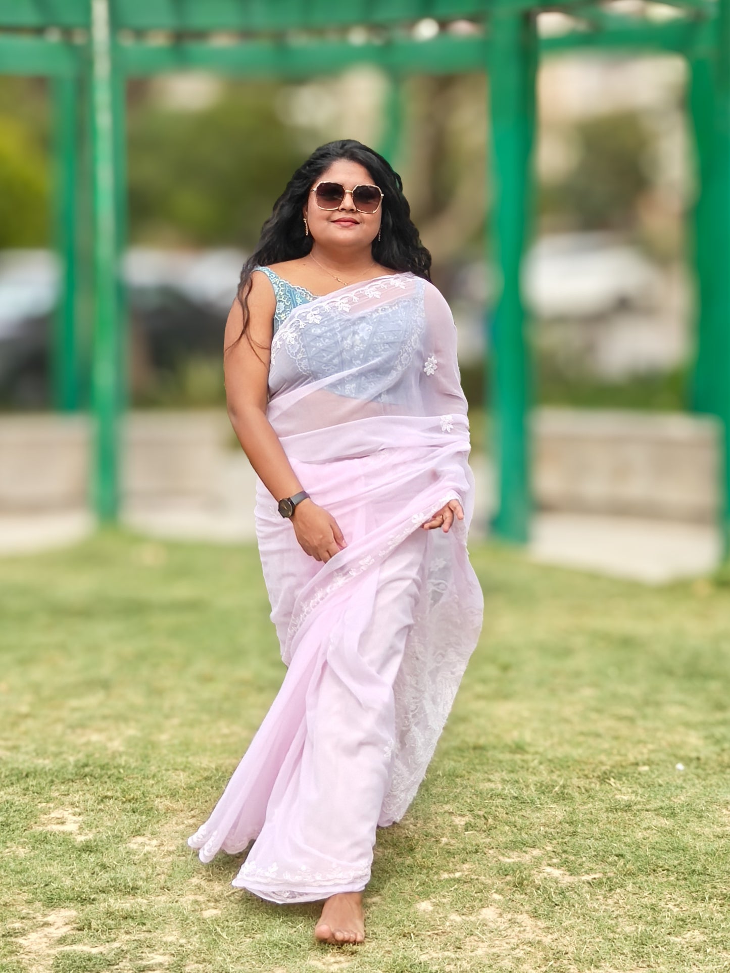 Inaya| Blush Pink Chikankari Hand-embroidered Georgette Saree