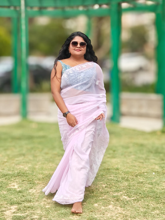 Inaya| Blush Pink Chikankari Hand-embroidered Georgette Saree