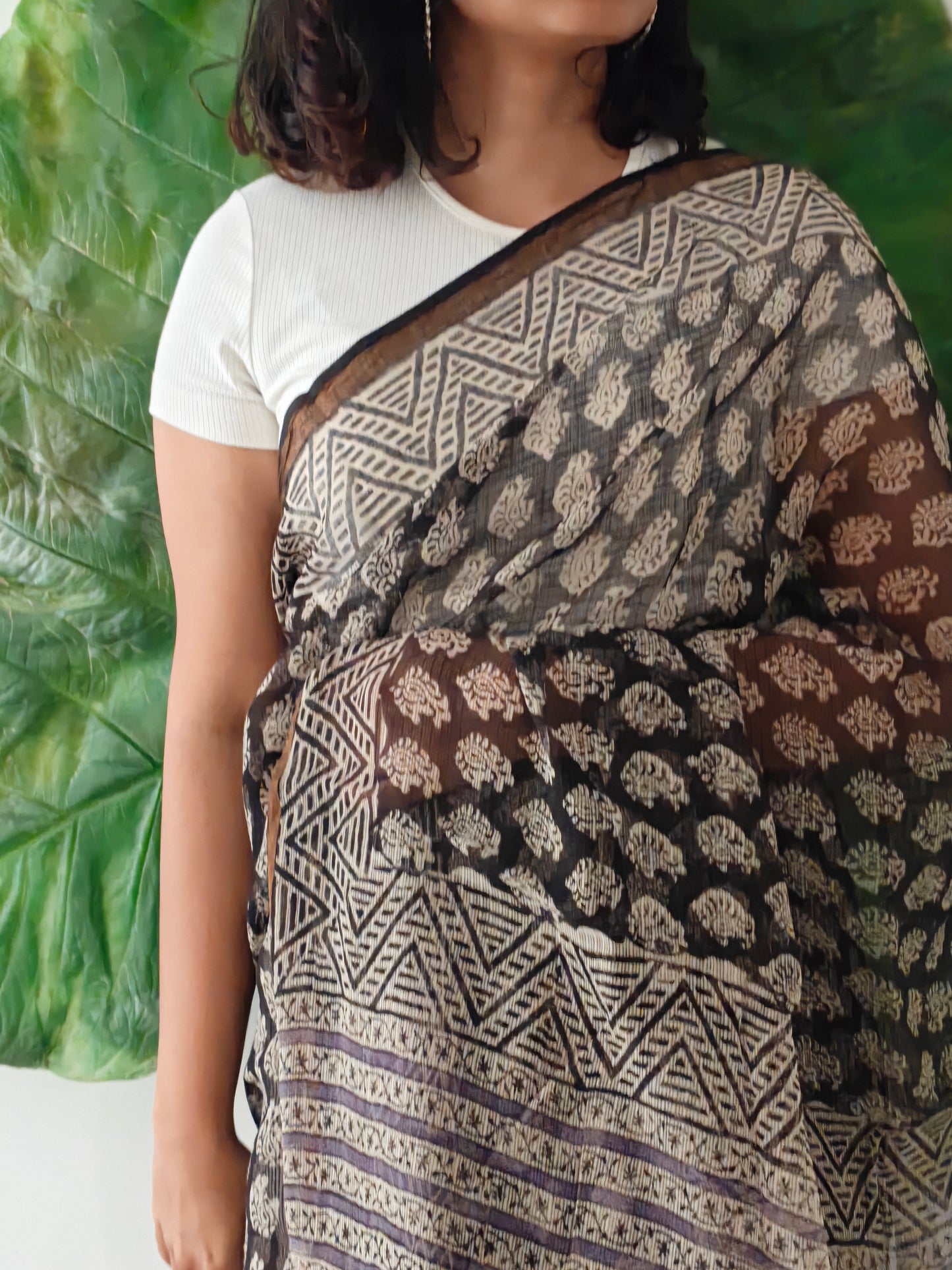 Maati| Black & Earthy Red Handblocked Kota Doria Saree
