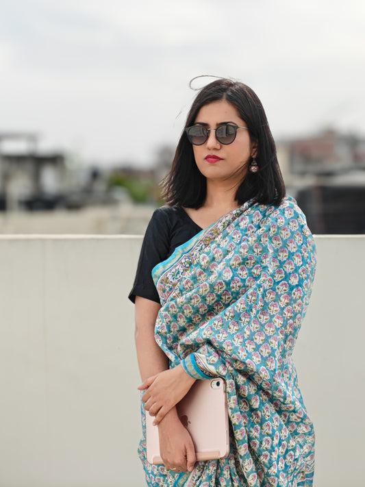 Neera| Turquoise and White Handblock Pure Chanderi Silk Saree
