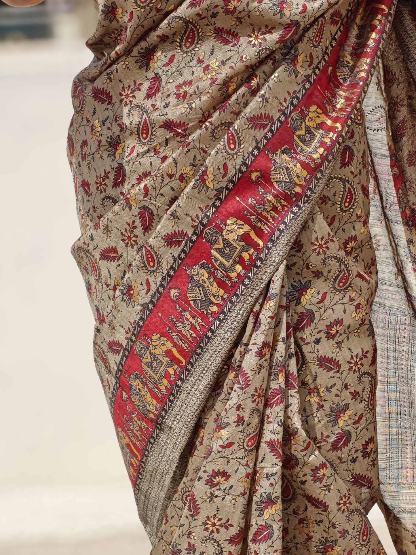 Close-up of bamboo silk saree fabric with intricate hand block paisley and elephant motifs, handcrafted in Assam and Rajasthan| Phulwari Bazaar