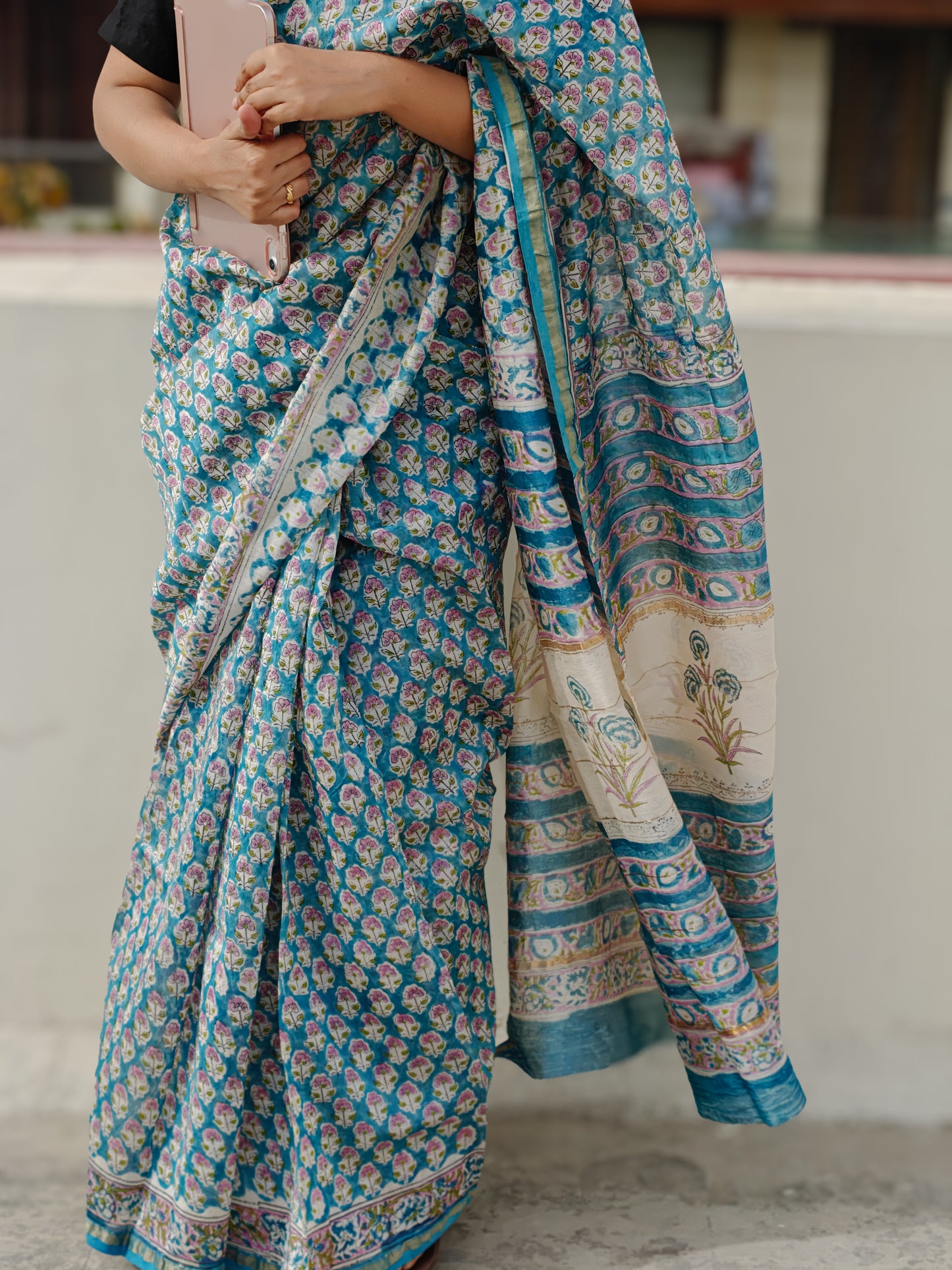 Neera| Turquoise and White Handblock Pure Chanderi Silk Saree