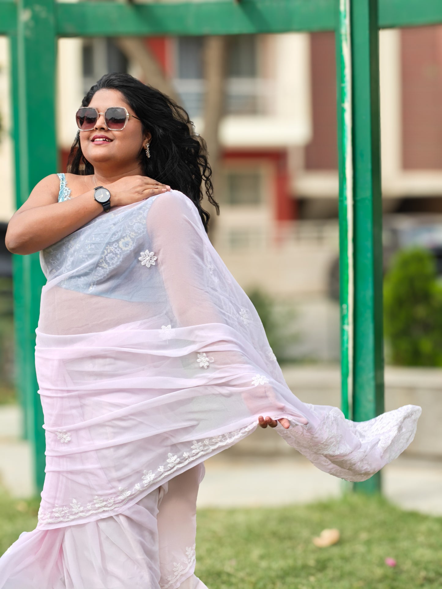 Inaya| Blush Pink Chikankari Hand-embroidered Georgette Saree
