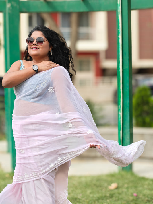 Inaya| Blush Pink Chikankari Hand-embroidered Georgette Saree
