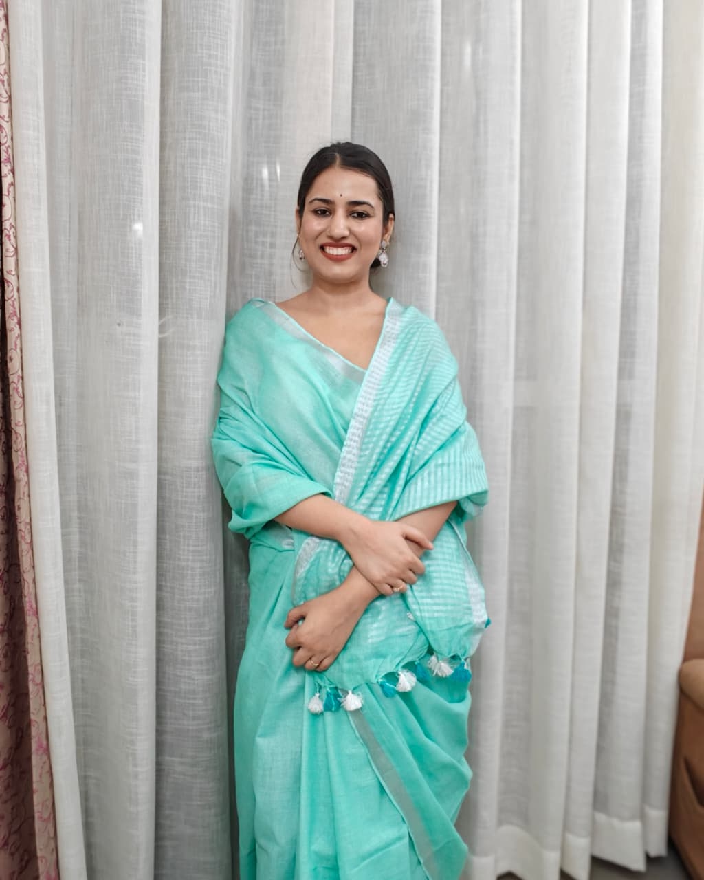 Sagarika| Mint Green & Silver Handloom Linen Saree