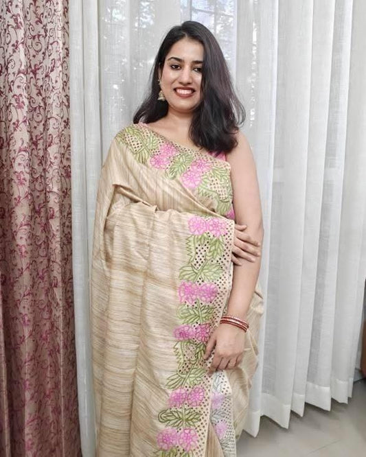 Mridula tussar ghicha silk saree with floral cutwork border in pink and green, sustainable ahimsa silk, handloom from Jharkhand, by Phulwari Bazaar