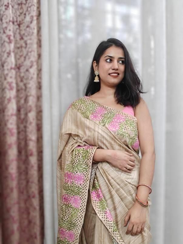 Phulwari brings detailed floral cutwork on border of tussar ghicha silk saree in soothing pink and green shades