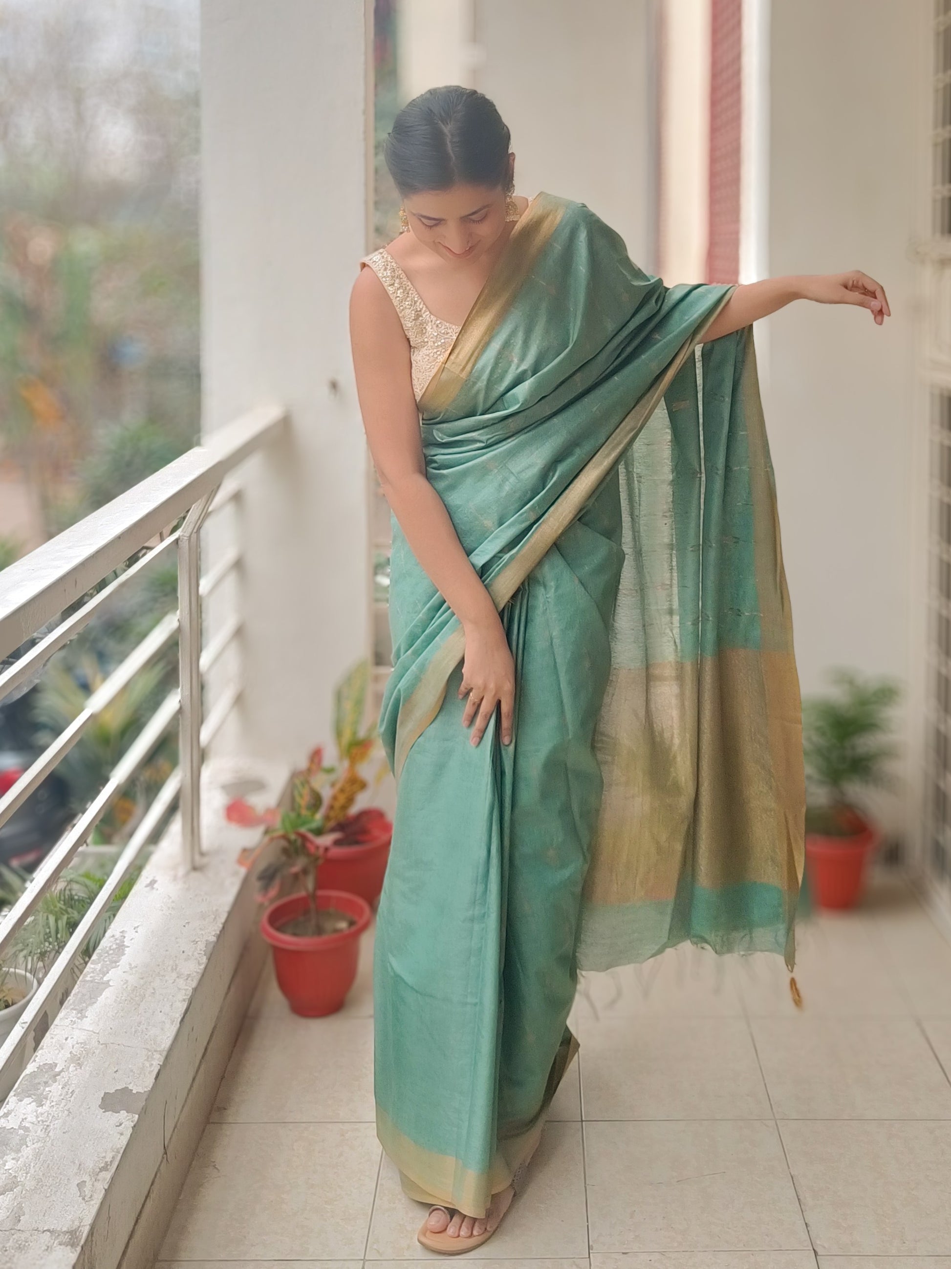 Wild Willow saree in Chanderi silk with gold zari border and pallu, soft green, Phulwari Bazaar.