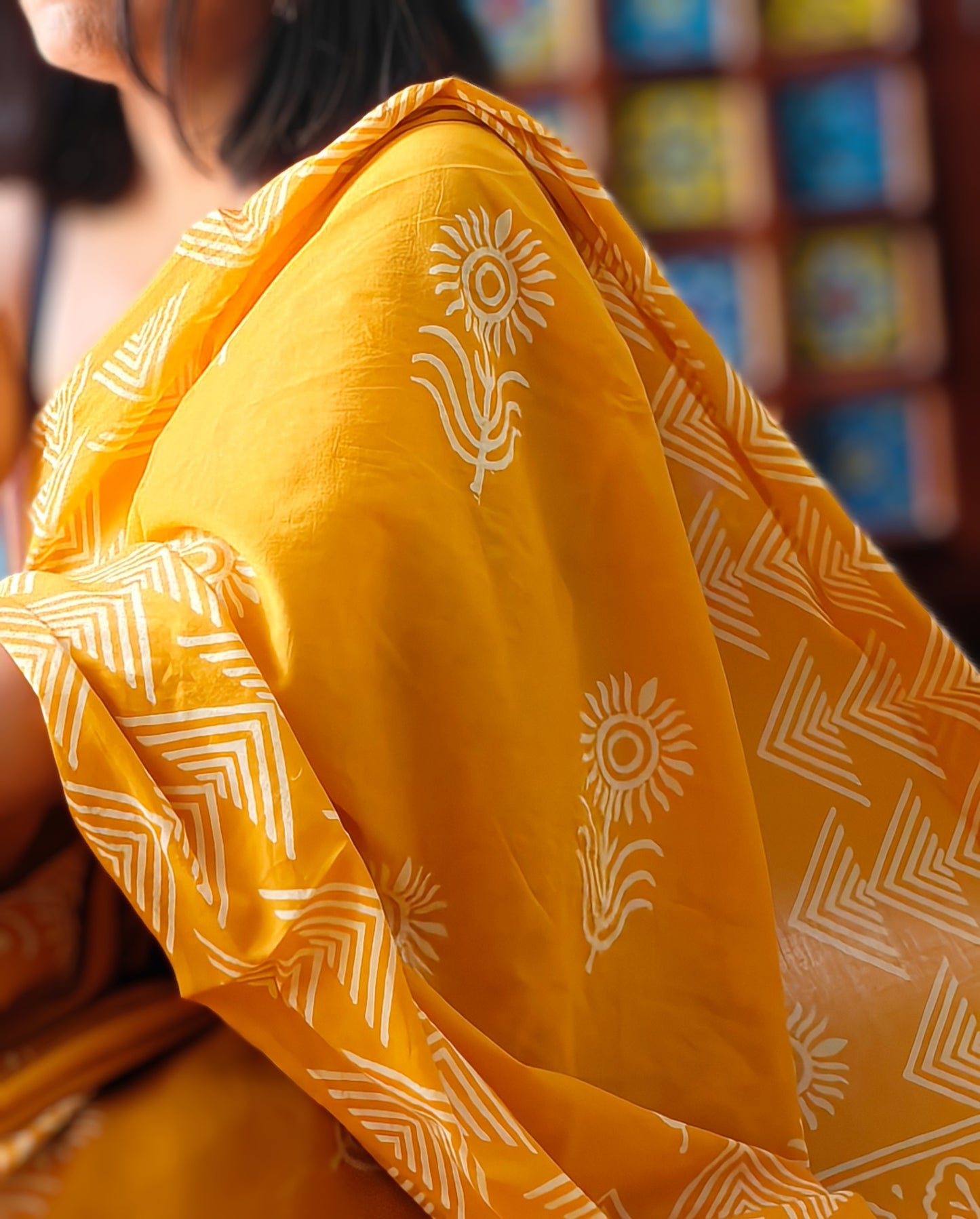 Sunflower Bloom | Yellow Handblock Mulmul Saree