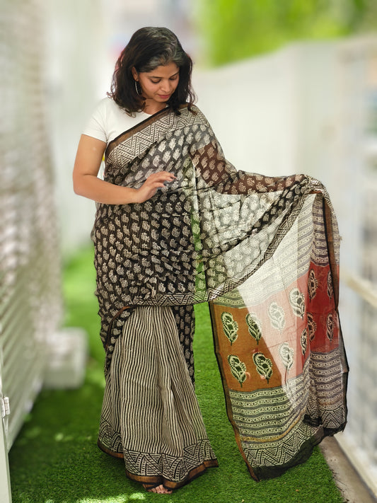 Maati| Black & Earthy Red Handblocked Kota Doria Saree