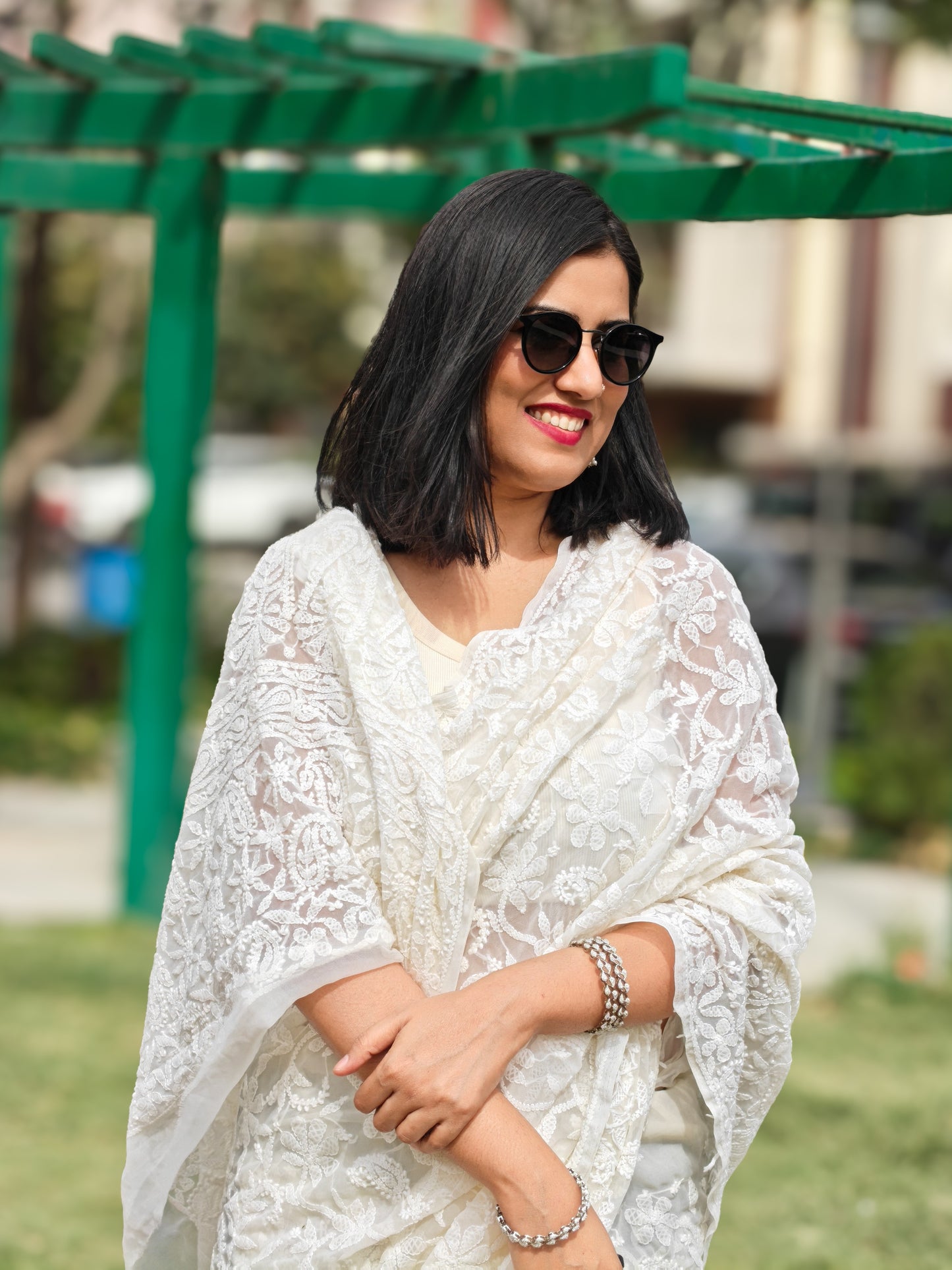 Noori| Ivory White Chikankari Hand-Embroidered Saree