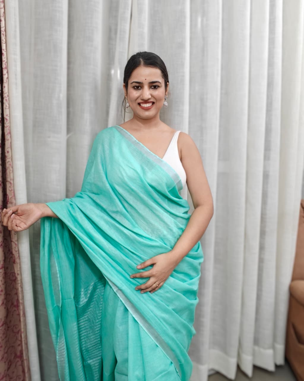 Sagarika| Mint Green & Silver Handloom Linen Saree