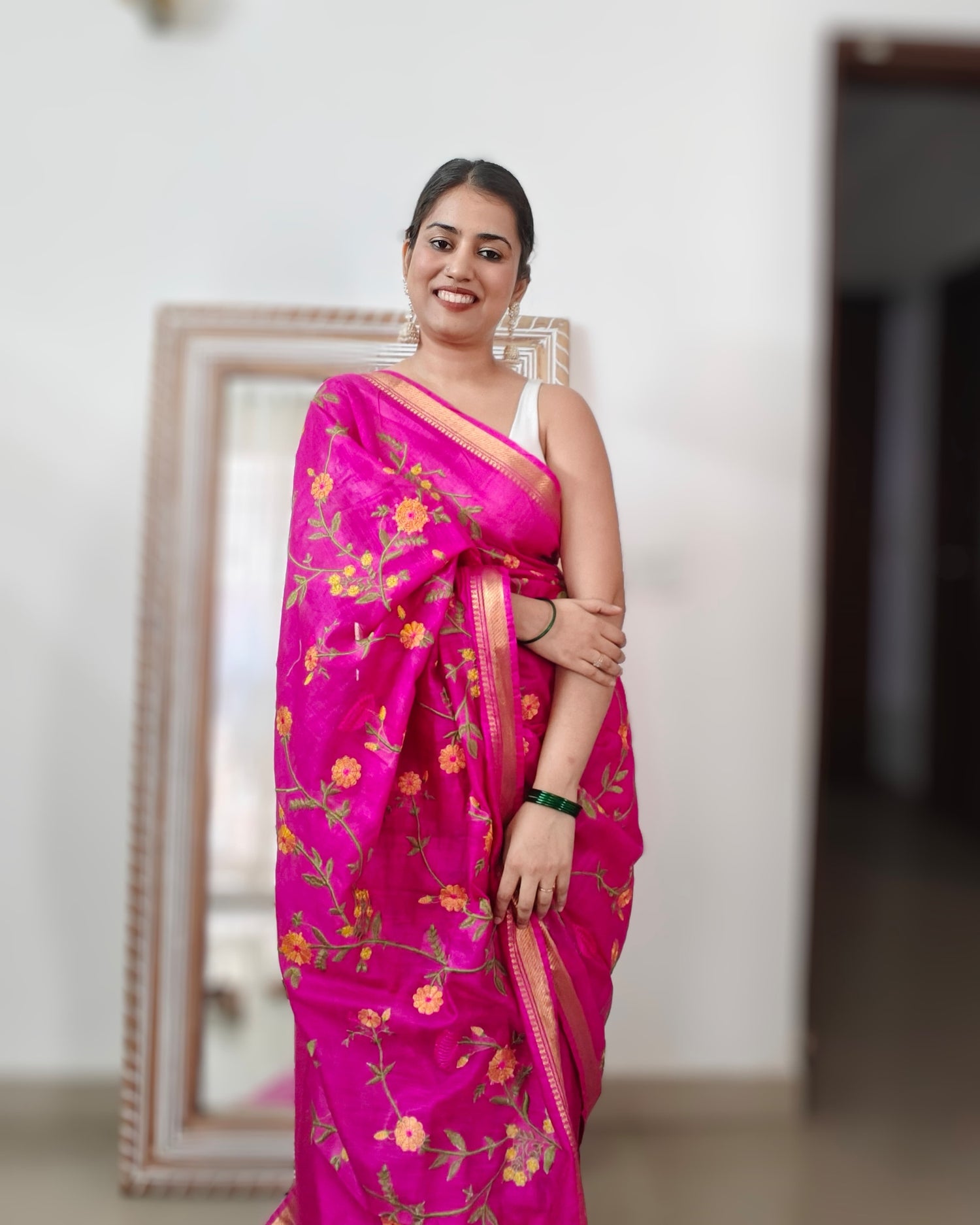 Rani pure mulberry silk saree from Phulwari Bazaar in striking rani pink with intricate floral embroidery, sourced from Bhagalpur