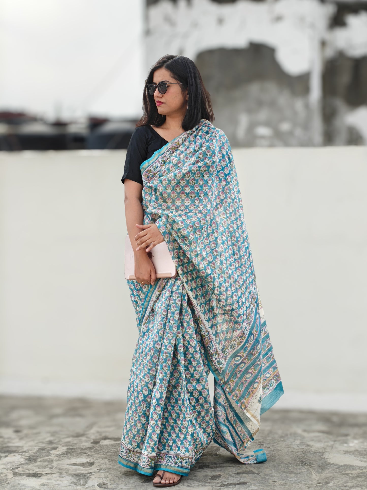 Neera| Turquoise and White Handblock Pure Chanderi Silk Saree