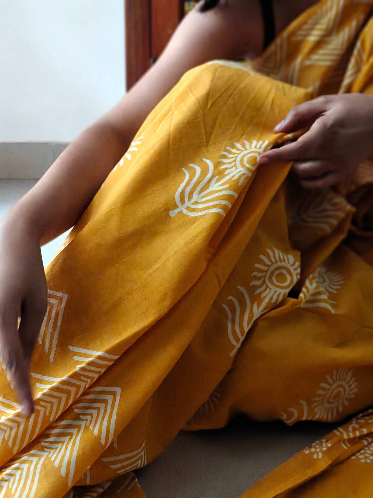 Sunflower Bloom | Yellow Handblock Mulmul Saree