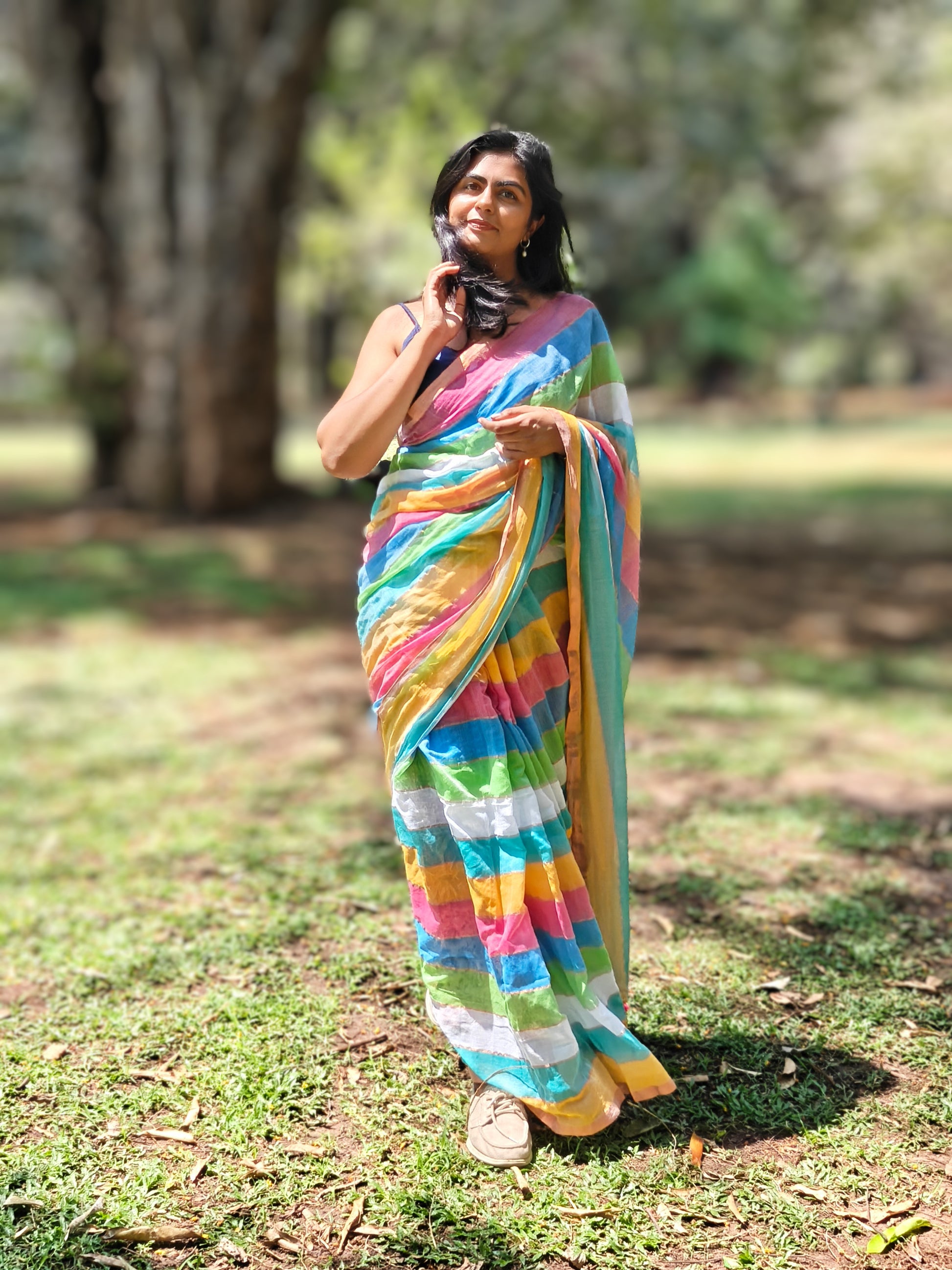 Muslin cotton saree with natural dye stripes and tassels from Phulwari Bazaar