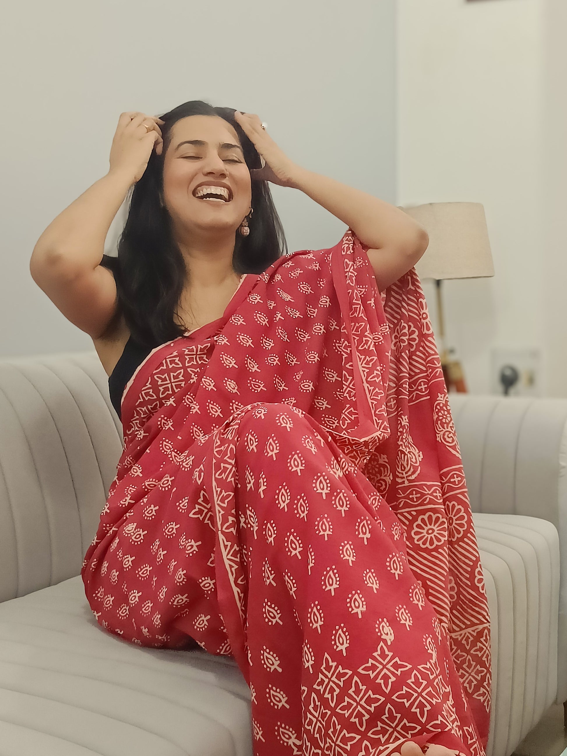 Dusky Rose – soft, muted Mulmul cotton saree with delicate handprinted Sangneri pattern, at Phulwari Bazaar