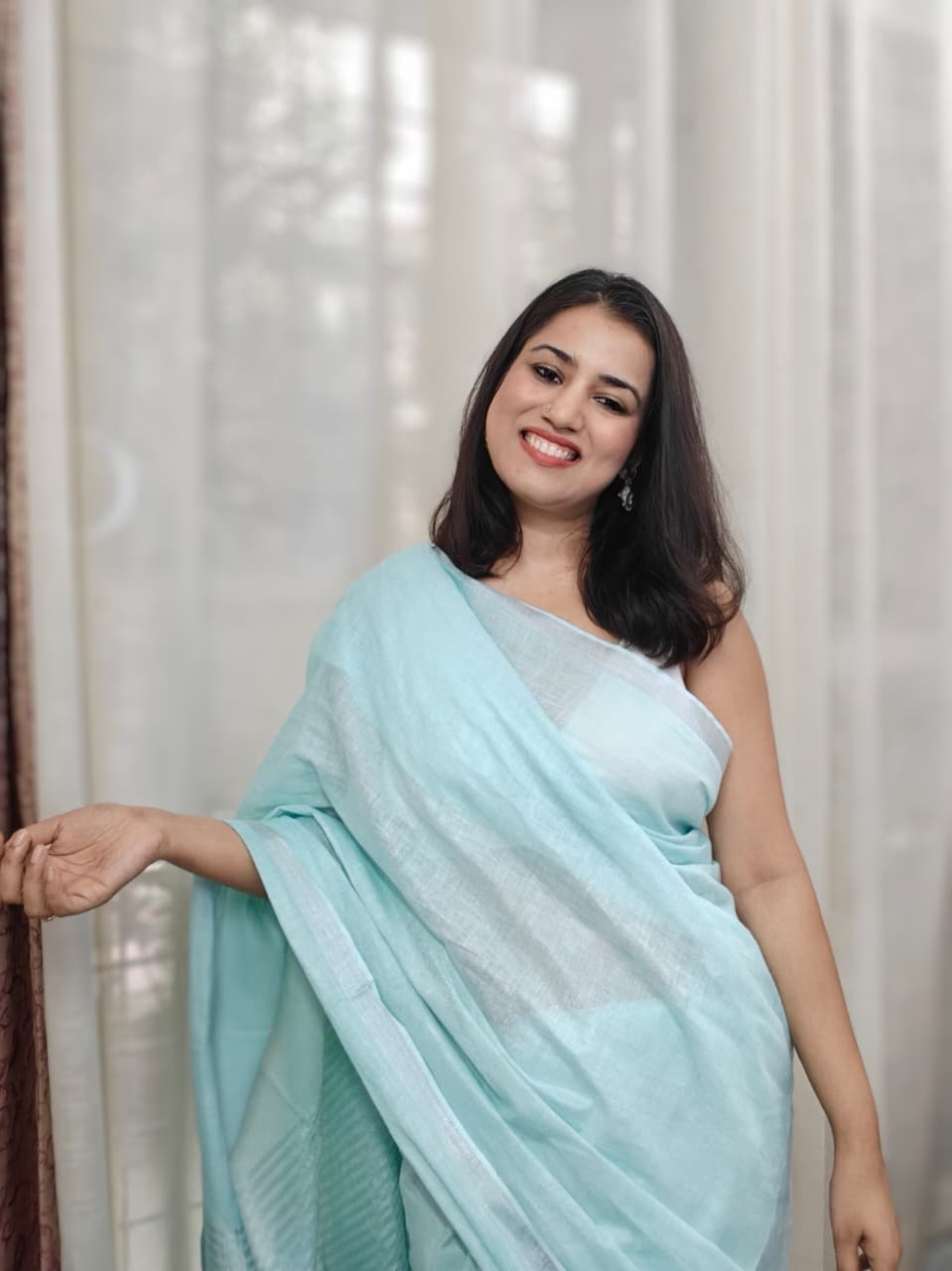 Sagarika| Aqua Blue & Silver Handloom Linen Saree