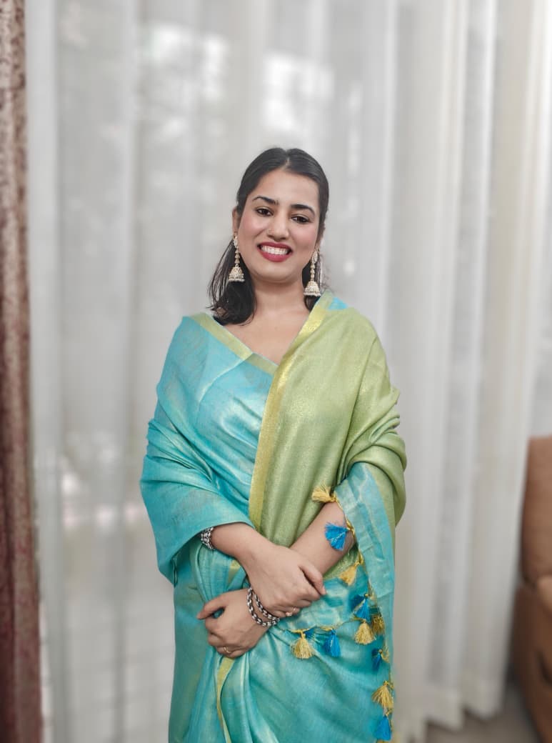 Mahi| Blue Green Linen Silk Handloom Saree