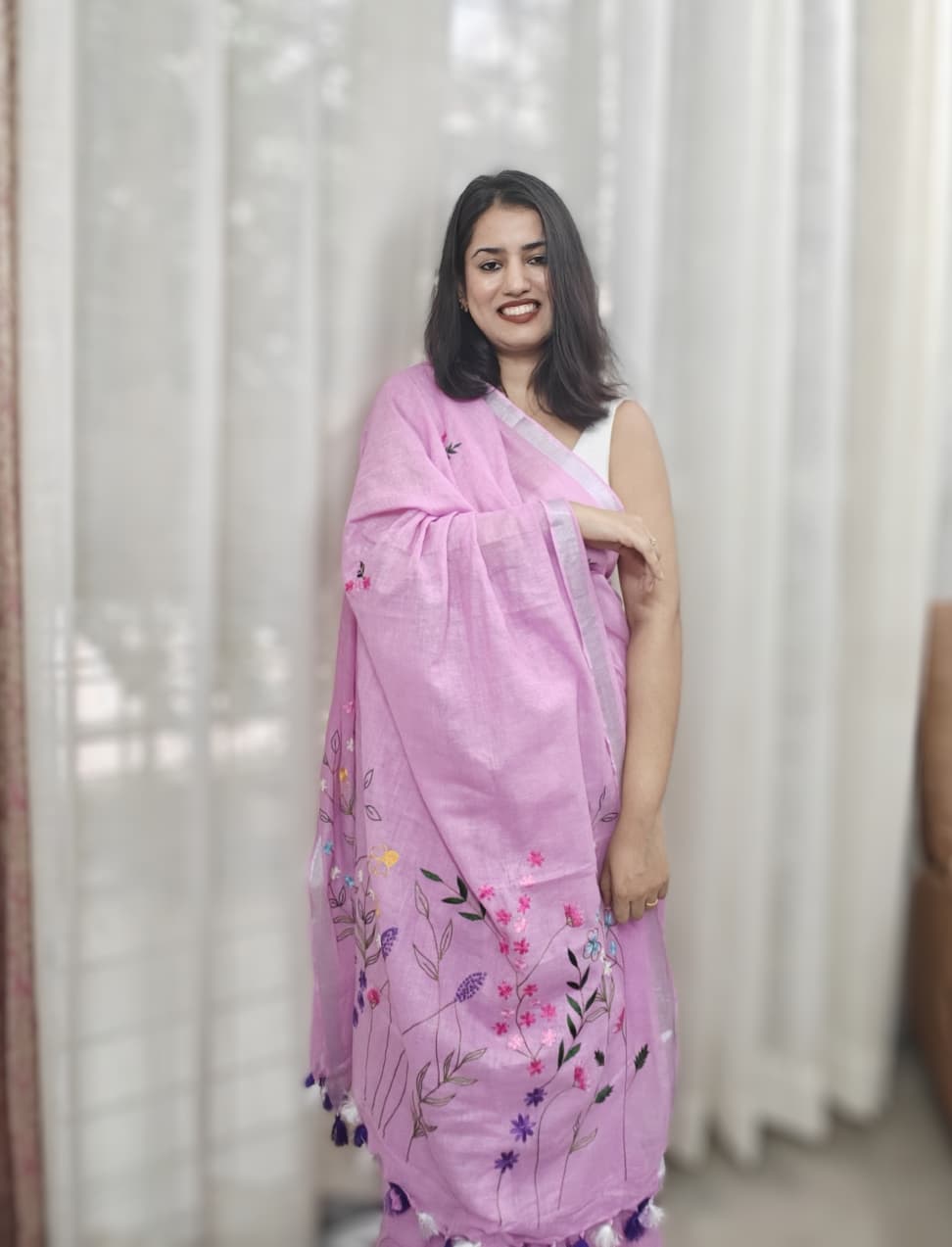 Lavya| Lavender Pure Linen Handloom & Floral Hand-embroidered Saree
