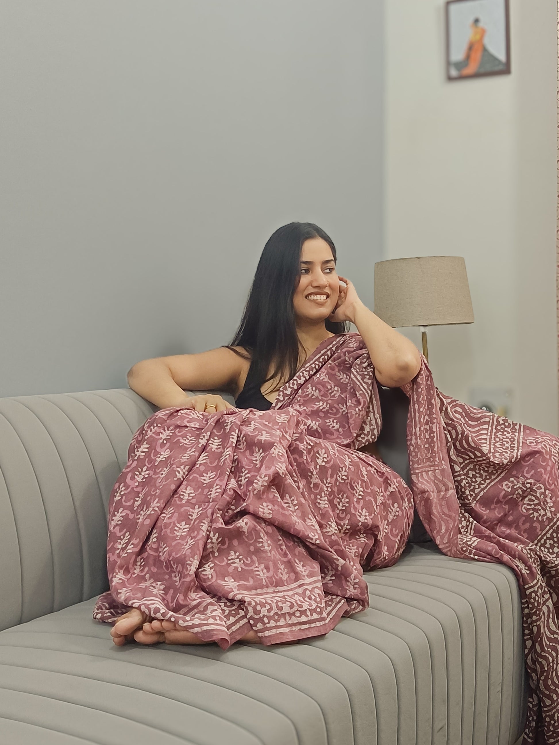 Rosewood Dreams handprinted Sangneri pattern saree in Mulmul cotton, available at Phulwari Bazaar.