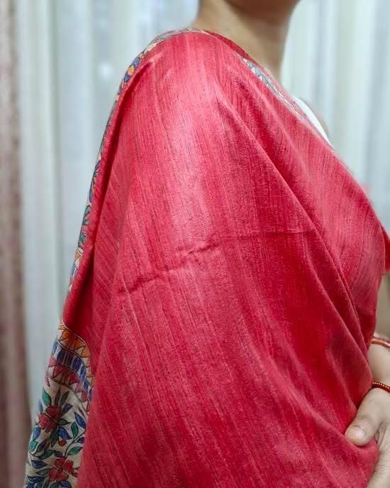 Handloom tussar ghicha silk saree with hanpainted Madhubani art at Phulwari Bazaar