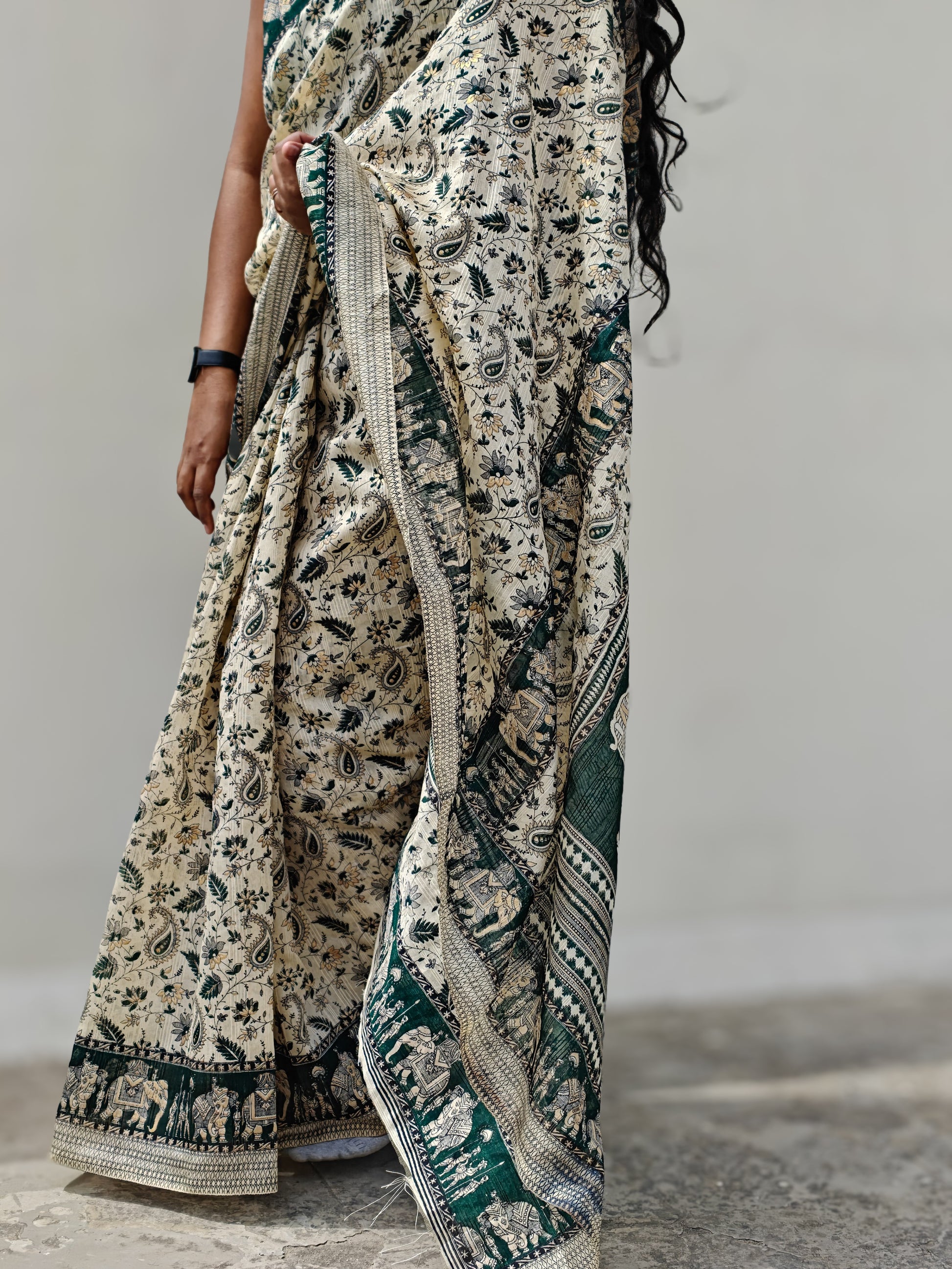 Tarini saree in handloom bamboo silk with elephant motifs and paisley designs, perfect for weddings and celebrations| Phulwari Bazaar| White Saree