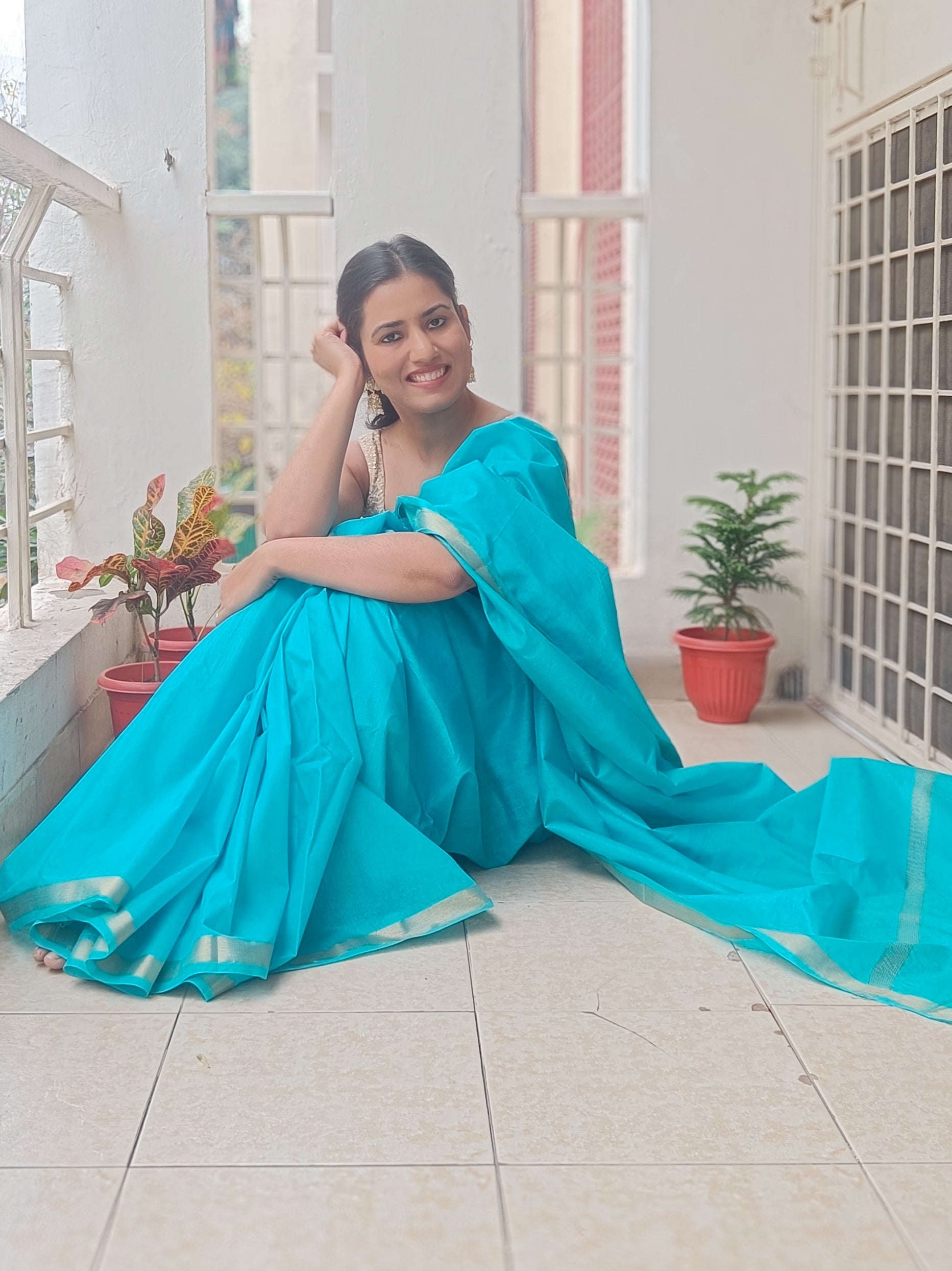 Turquoise Temptation saree in vibrant blue with gold zari detailing on Chanderi cotton silk -Phulwari Bazaar