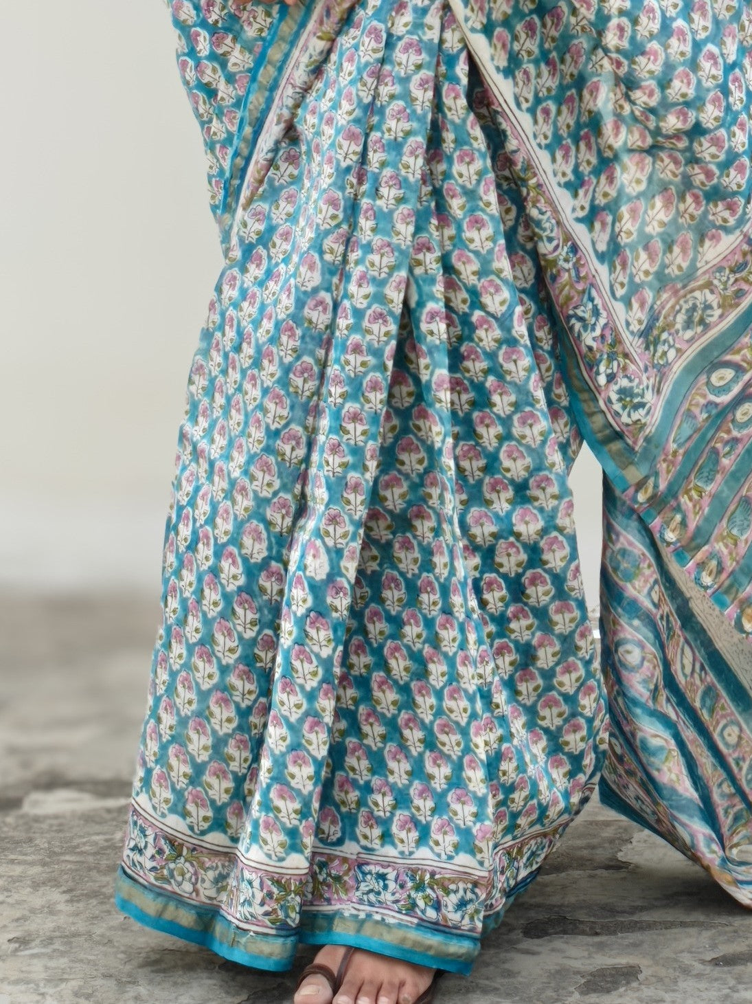 Neera| Turquoise and White Handblock Pure Chanderi Silk Saree
