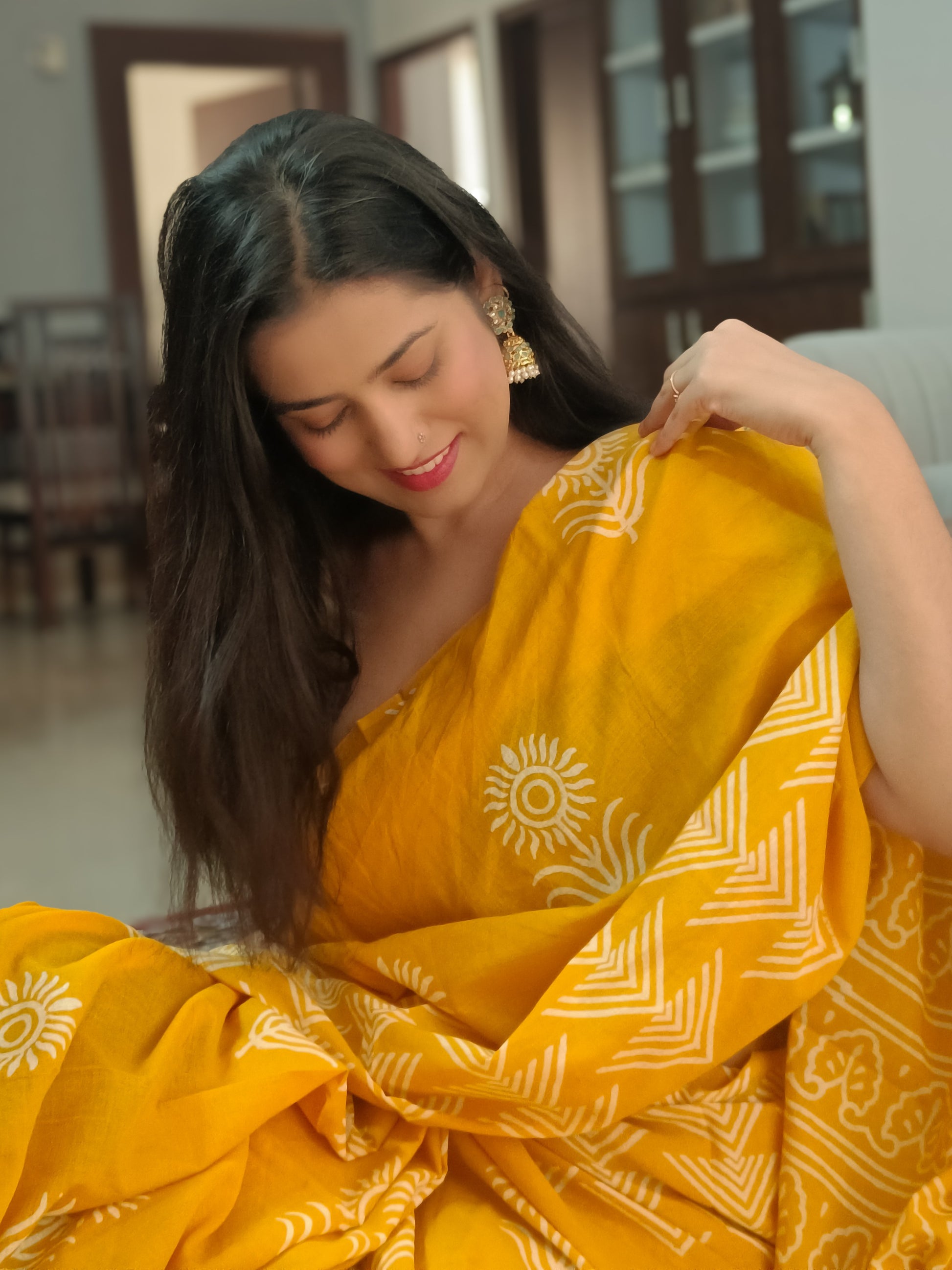 Handprinted yellow Mulmul cotton saree with Sangneri floral patterns, lightweight and breathable,  Phulwari Bazaar